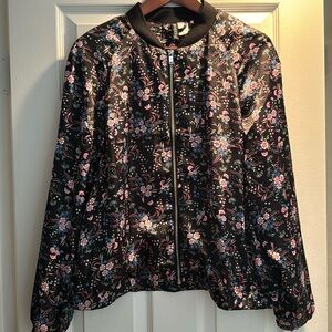 H&M Satin floral zip bomber jacket.